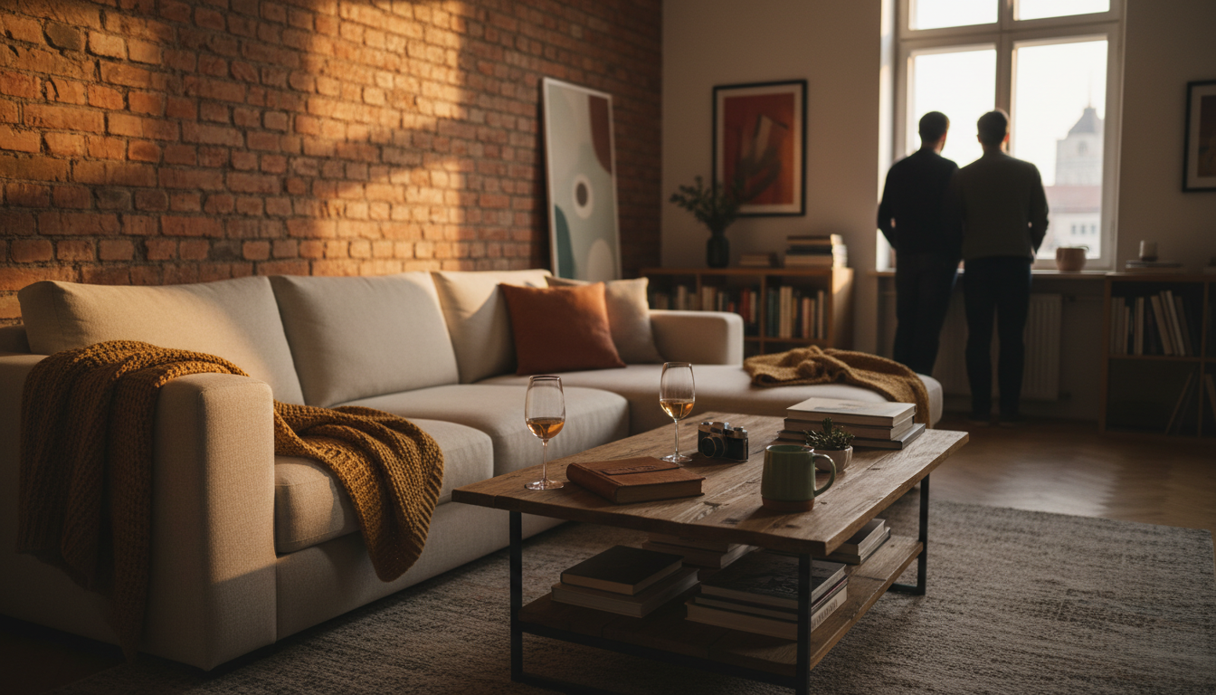 Cozy living room in a Munich apartment with exposed brick, soft lighting, a couples belongings casua
