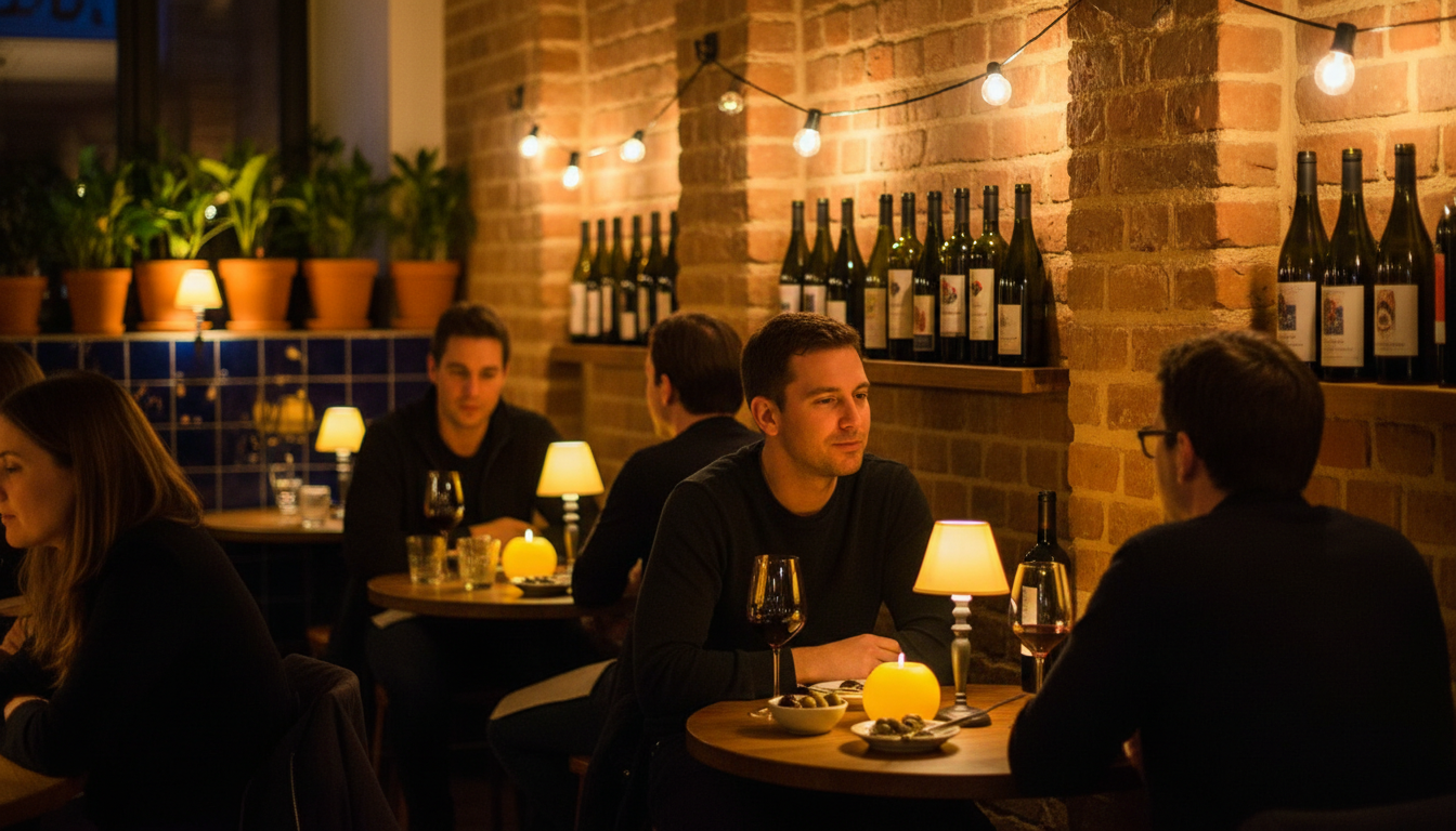 Evening scene at a small wine bar in Glockenbachviertel, warm lighting, couples at intimate tables,