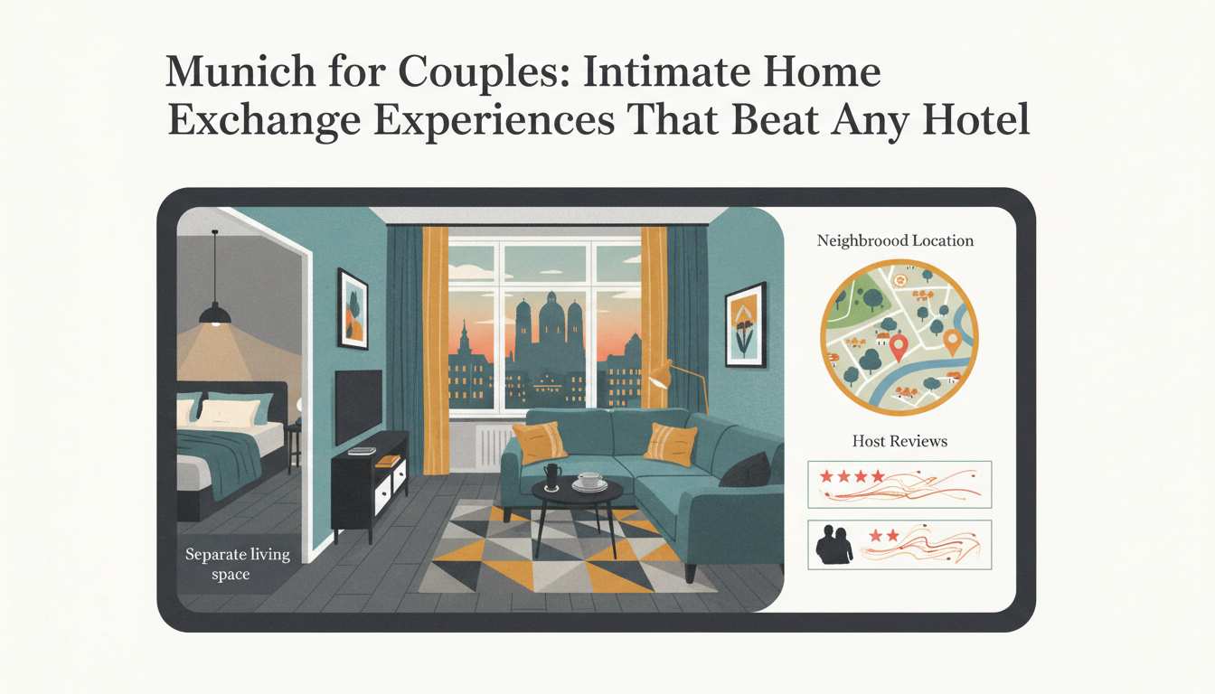 Screenshot-style illustration of a home exchange listing with a charming Munich apartment, showing k