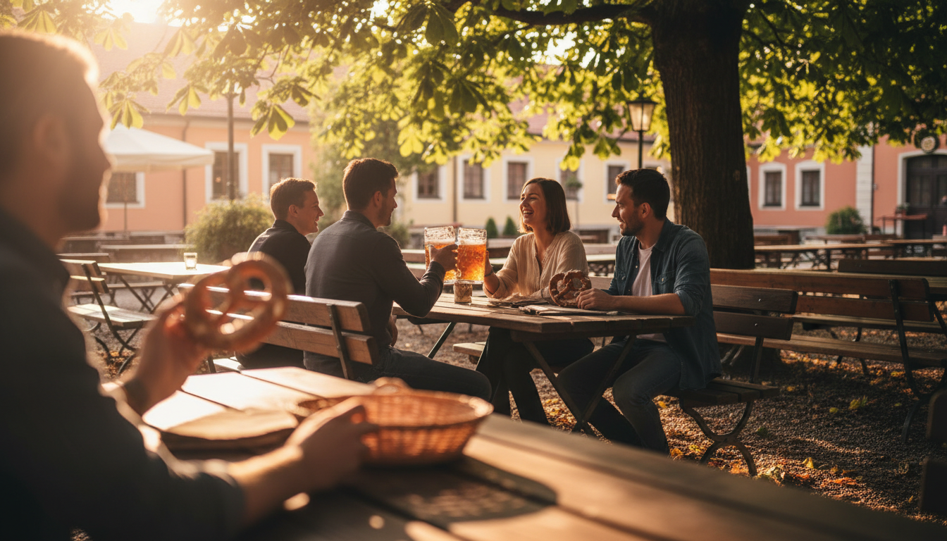 Golden hour at a Munich beer garden, dappled light through chestnut trees, couples at wooden tables