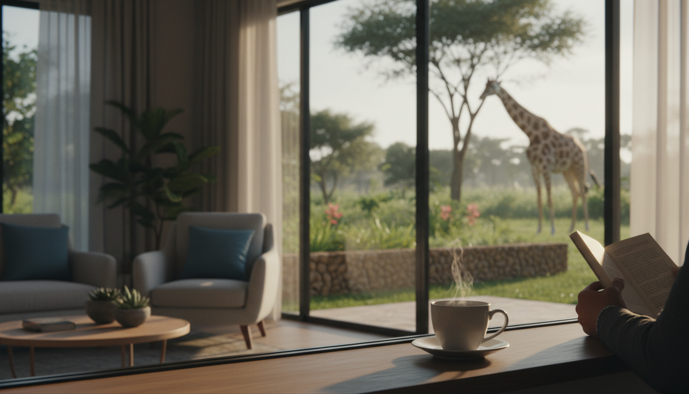 Morning light streaming through floor-to-ceiling windows of a modern Karen home, with a giraffe visi