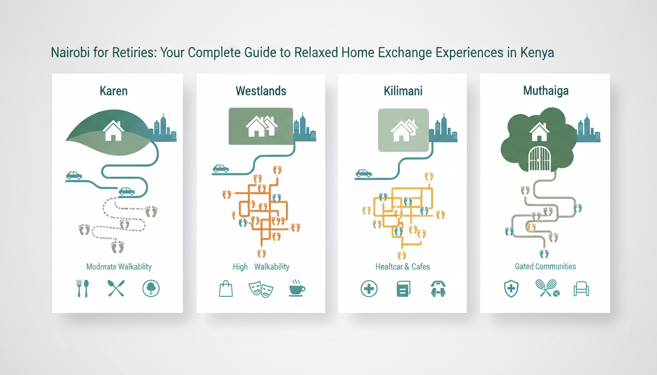 Infographic comparing four Nairobi neighborhoods for retirees, showing distance to center, average p