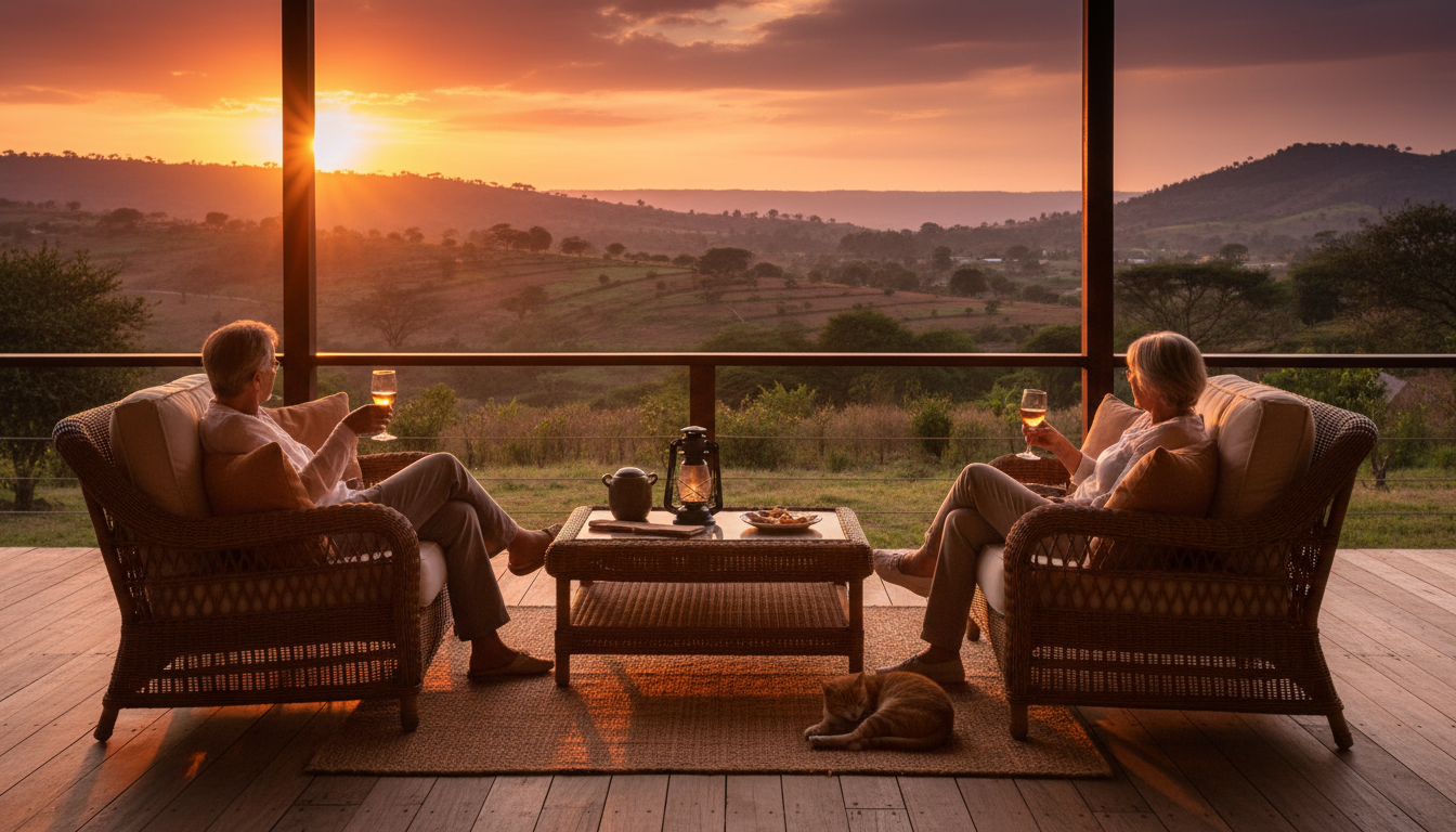 A retired couple having sundowners on a veranda overlooking the Ngong Hills at golden hour, comforta