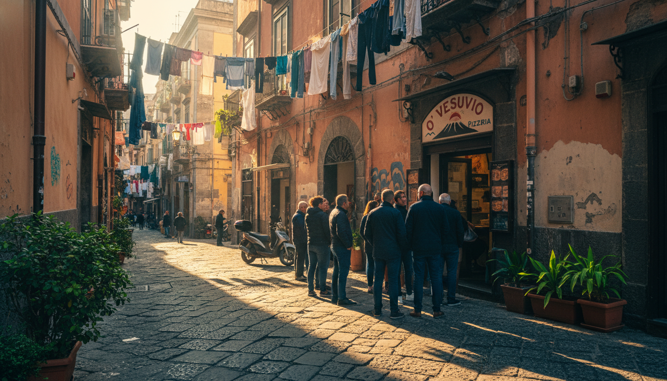 narrow Naples street in Quartieri Spagnoli with laundry hanging between buildings, a small pizzeria