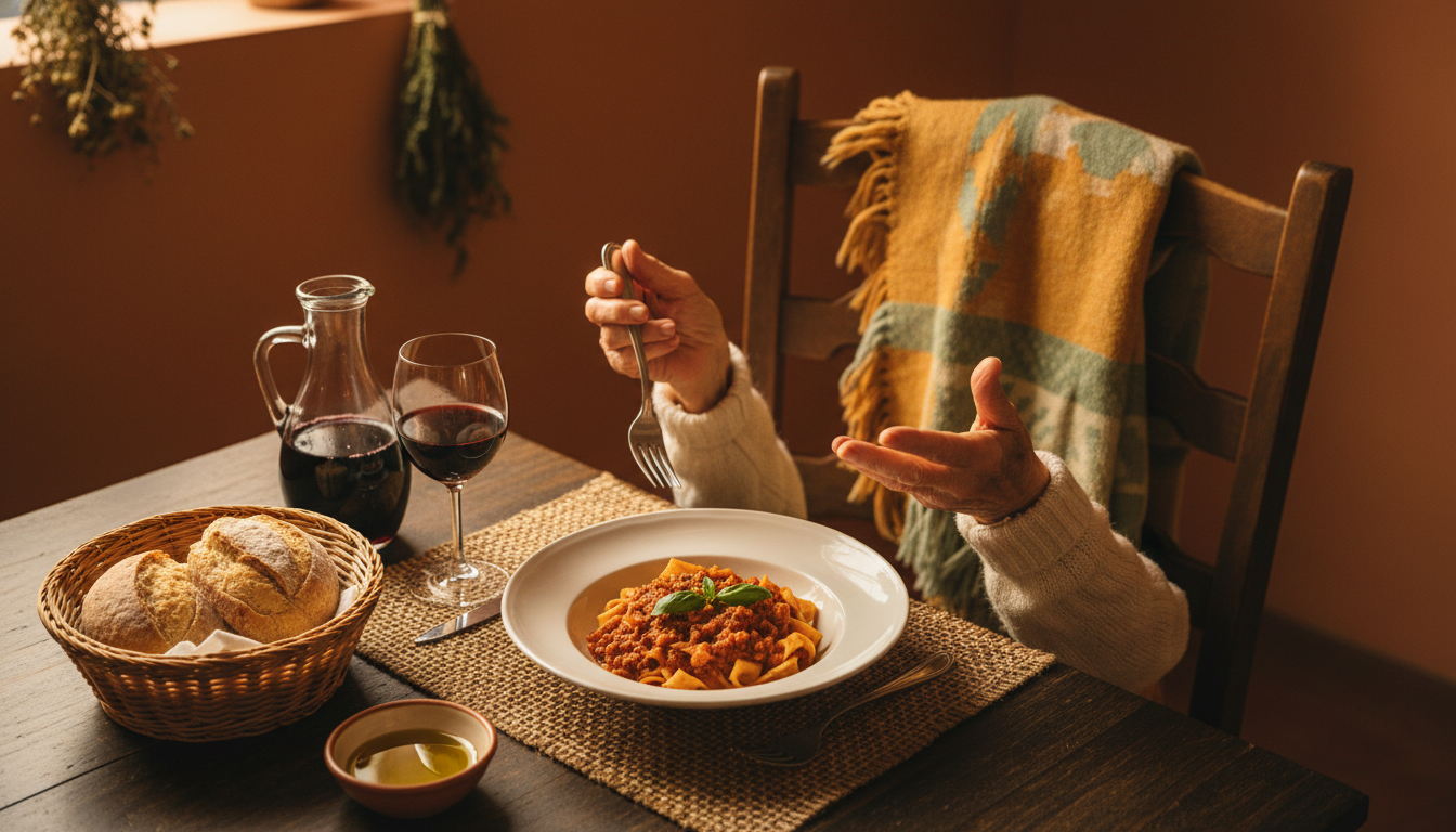 overhead view of a small trattoria table with pasta al rag, local red wine, basket of bread, and a g
