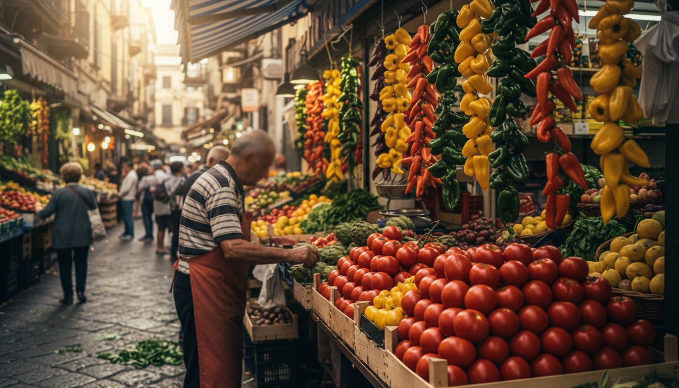 colorful produce stall at Mercato di Pignasecca with pyramids of San Marzano tomatoes, hanging peppe