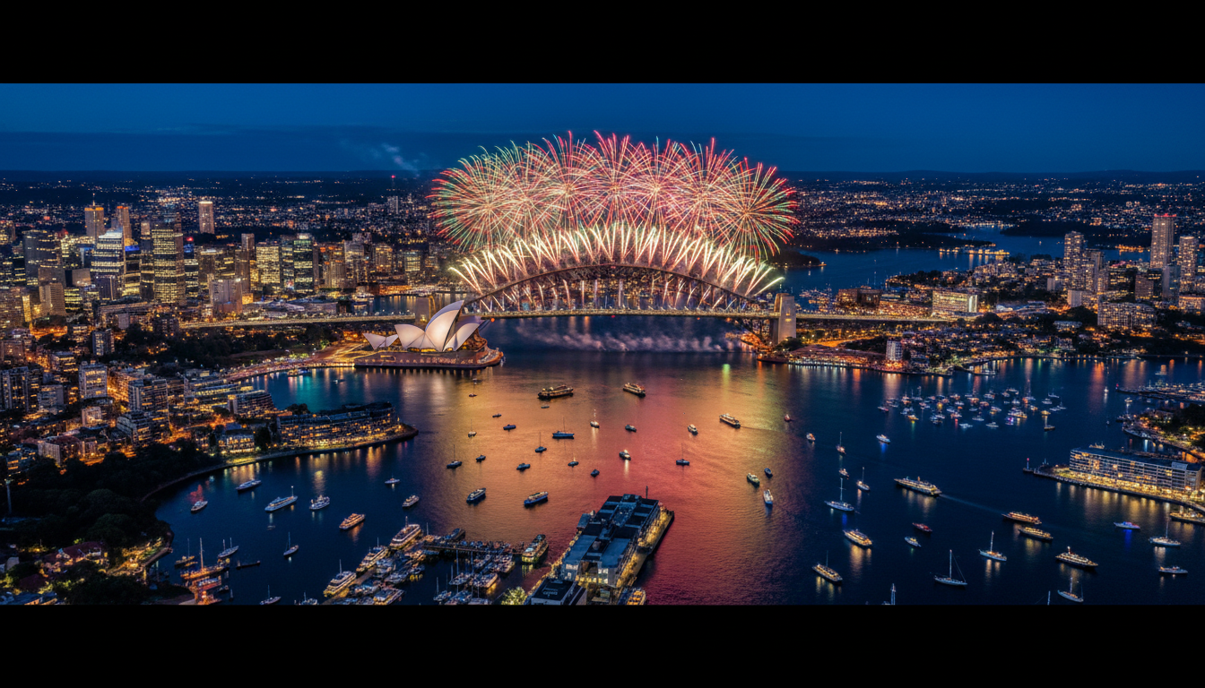 Aerial view of Sydney Harbour at night with fireworks bursting over the Opera House and Harbour Brid