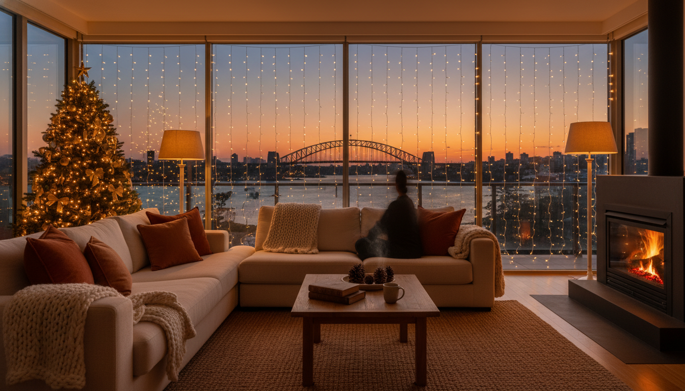Cozy living room with floor-to-ceiling windows overlooking Sydney Harbour at dusk, string lights ref