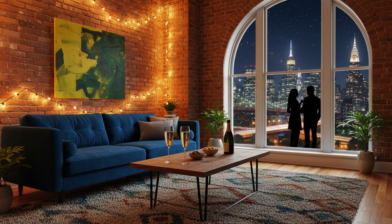 Brooklyn brownstone living room with exposed brick, string lights, and a window view of the Manhatta