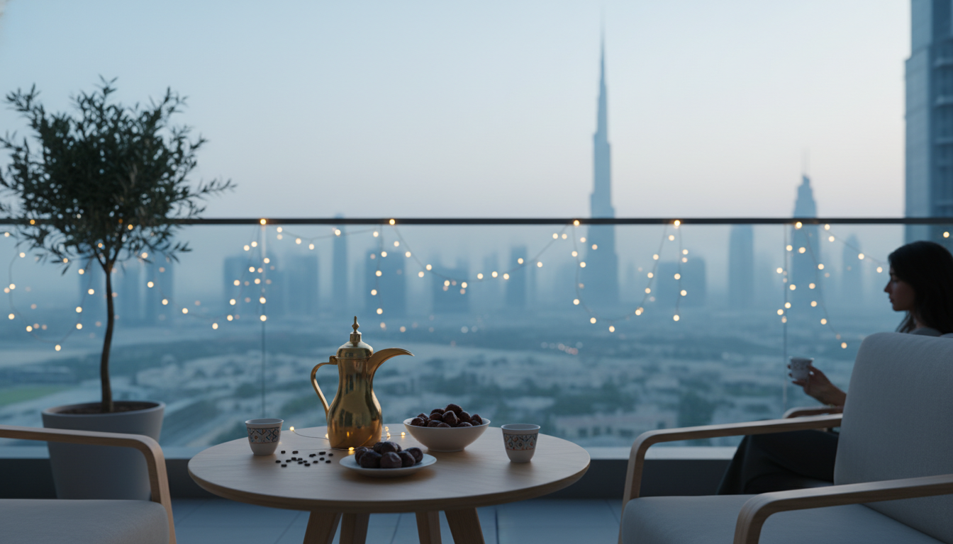 Modern Dubai apartment balcony with Burj Khalifa visible in the distance, decorated with fairy light