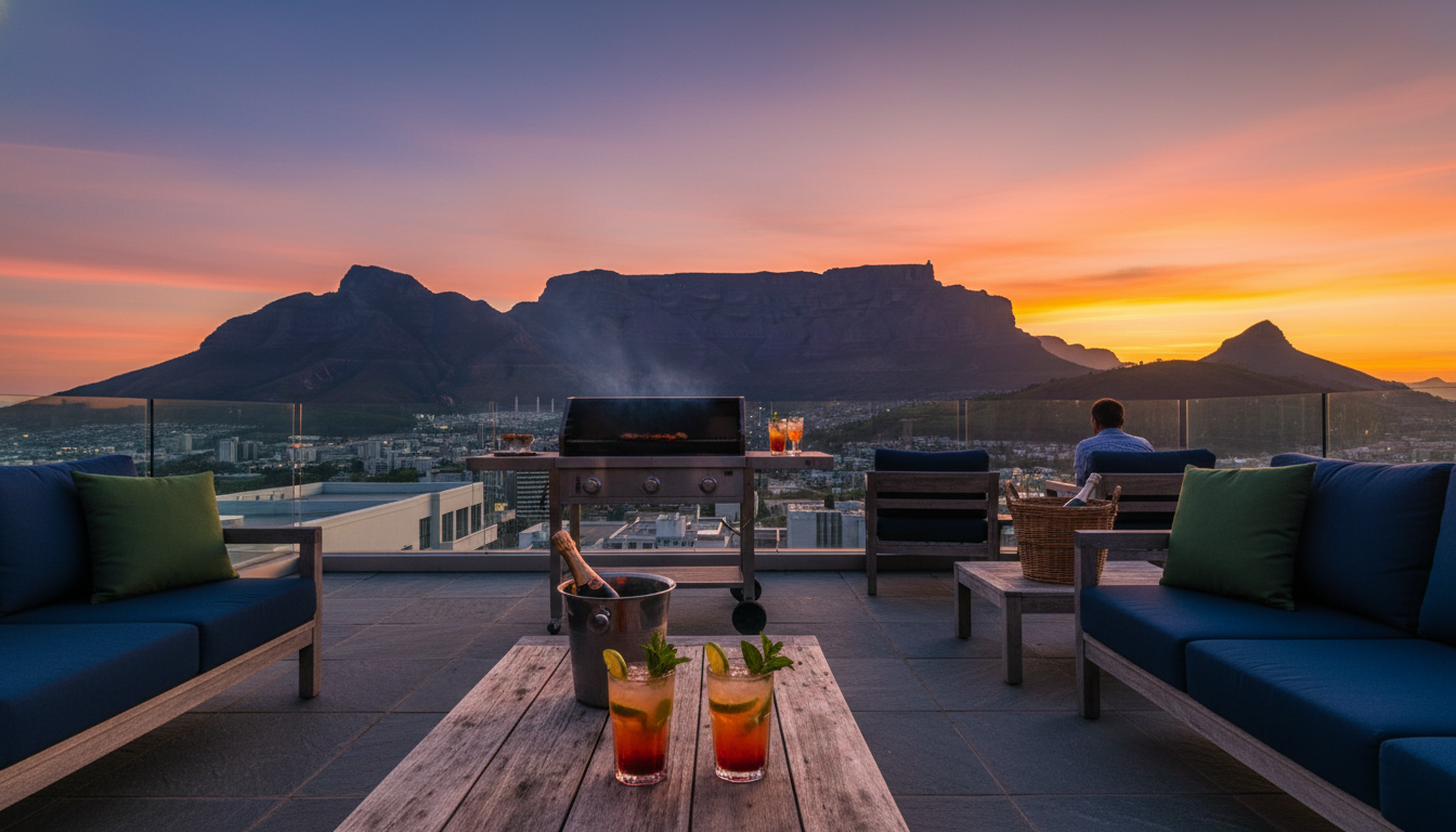 Cape Town apartment terrace at sunset with Table Mountain silhouetted in the background, a braai bar
