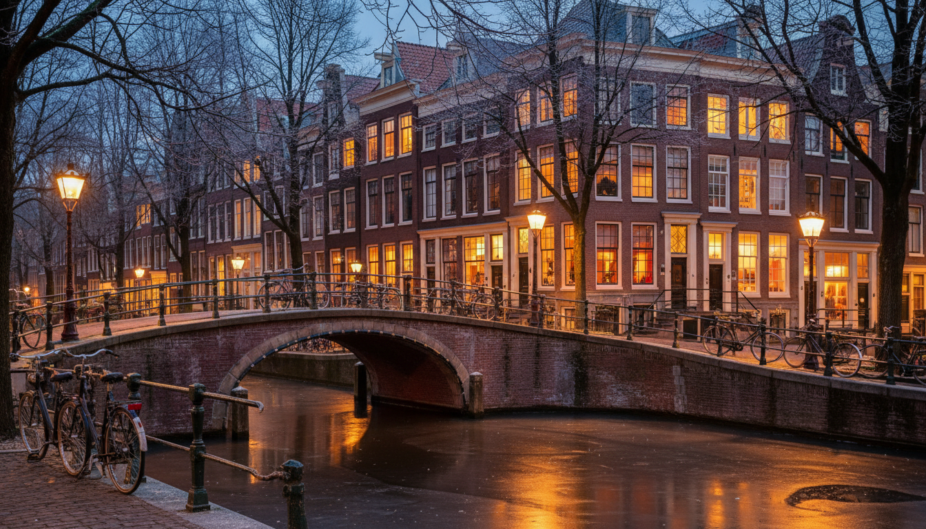 frost-covered canal houses in Amsterdams Jordaan neighborhood at dusk, warm golden light glowing fro