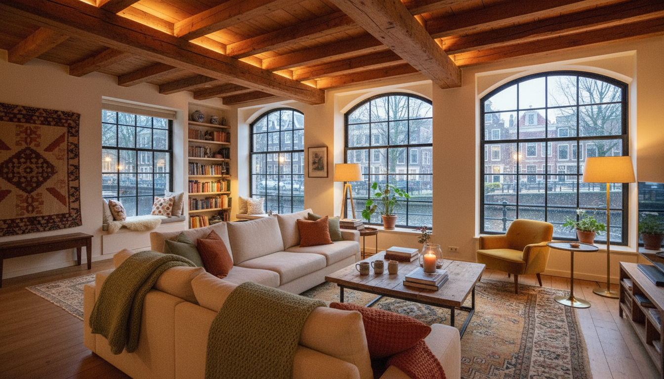 interior of a cozy Amsterdam canal house apartment with exposed wooden beams, large windows overlook
