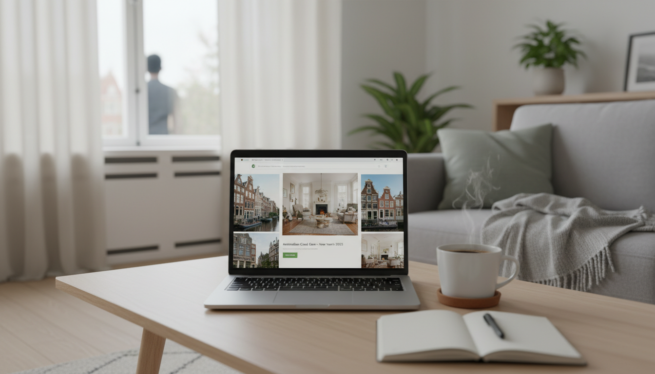 laptop screen showing a home exchange listing with Amsterdam canal house photos, cozy living room vi