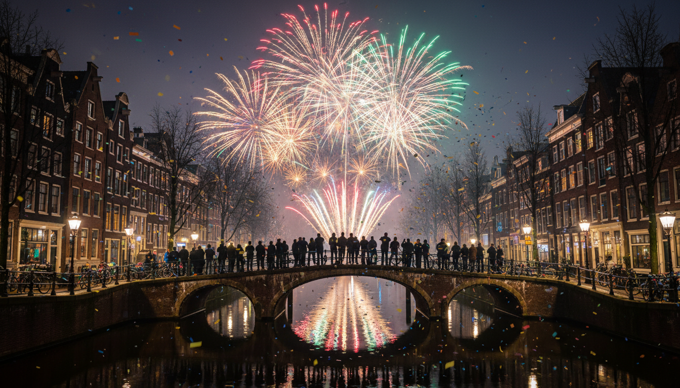Amsterdam canal at midnight on New Years Eve, fireworks exploding over historic buildings, reflectio