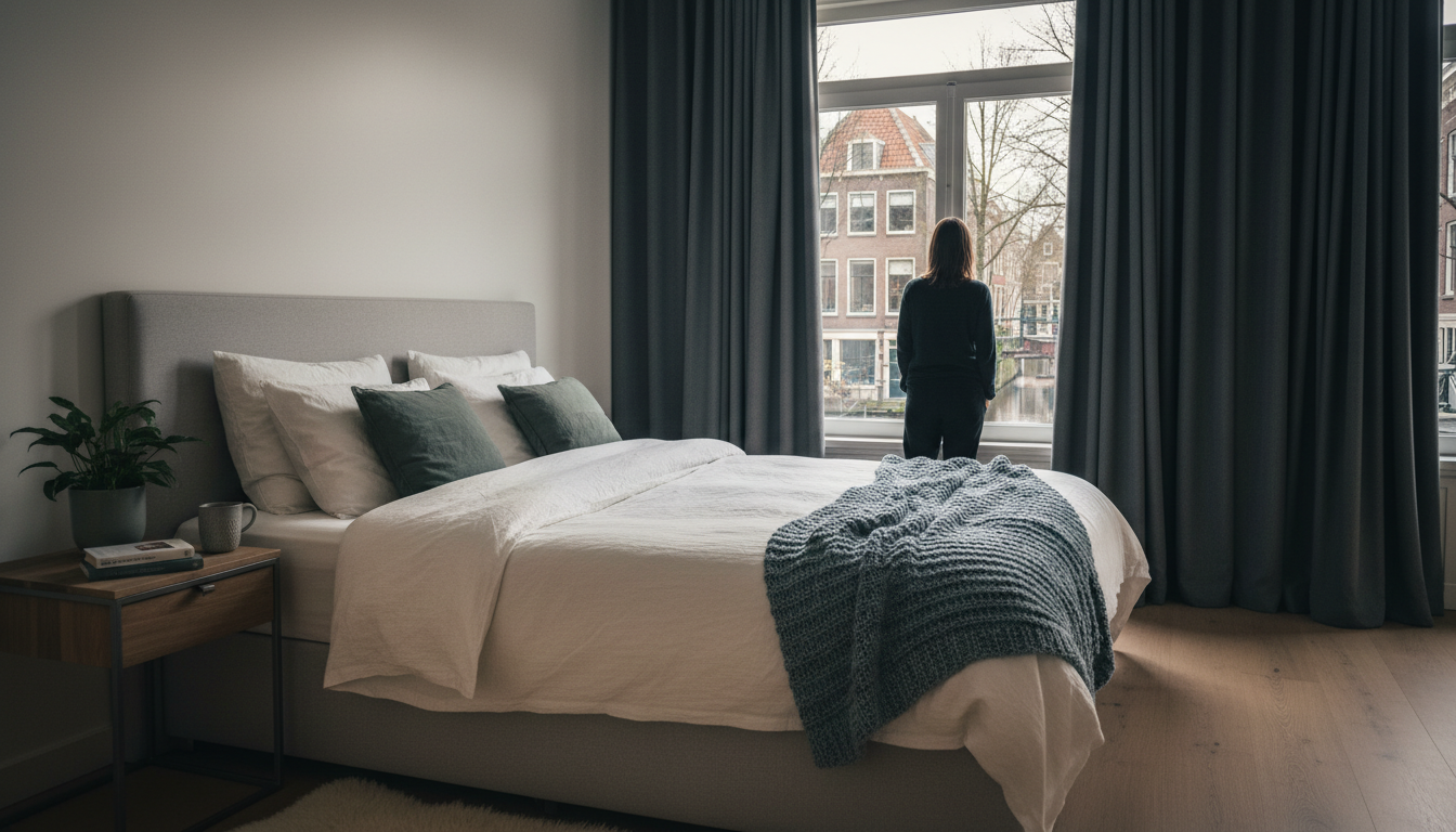 cozy Amsterdam apartment bedroom with blackout curtains slightly open showing canal view, warm beddi