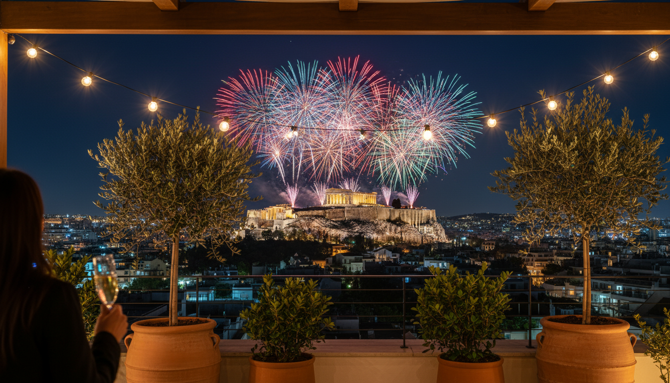 Fireworks illuminating the Acropolis at midnight on New Years Eve, viewed from a residential rooftop