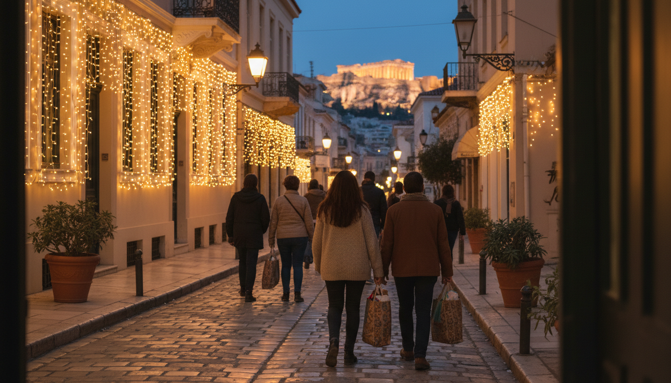 Narrow pedestrian street in Plaka at dusk with neoclassical buildings draped in Christmas lights, lo