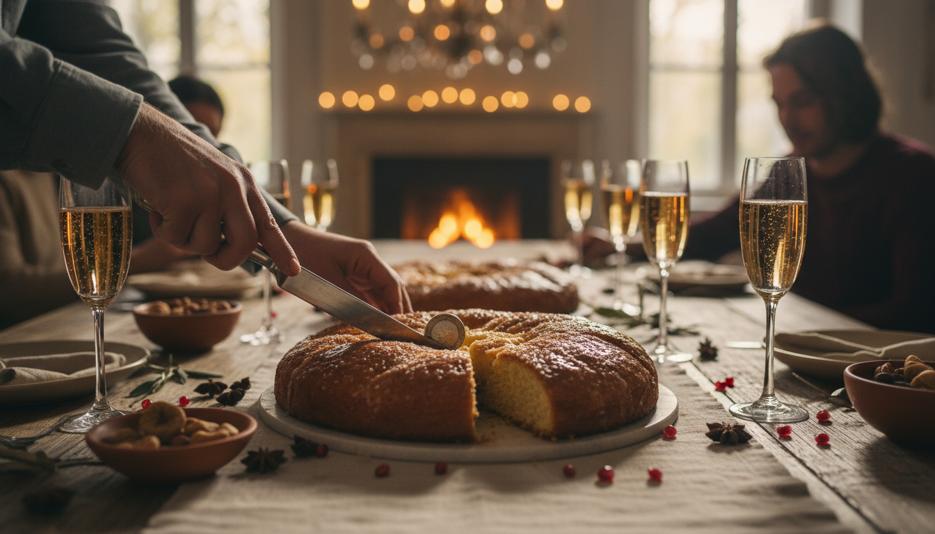 Close-up of hands cutting into a golden vasilopita cake on a festive table, with a hidden coin visib