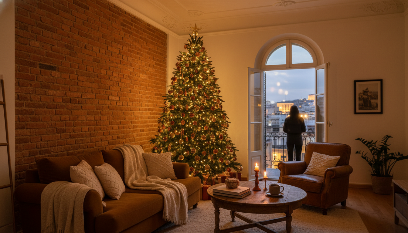 Cozy living room in a traditional Athenian apartment with high ceilings, exposed brick, a decorated
