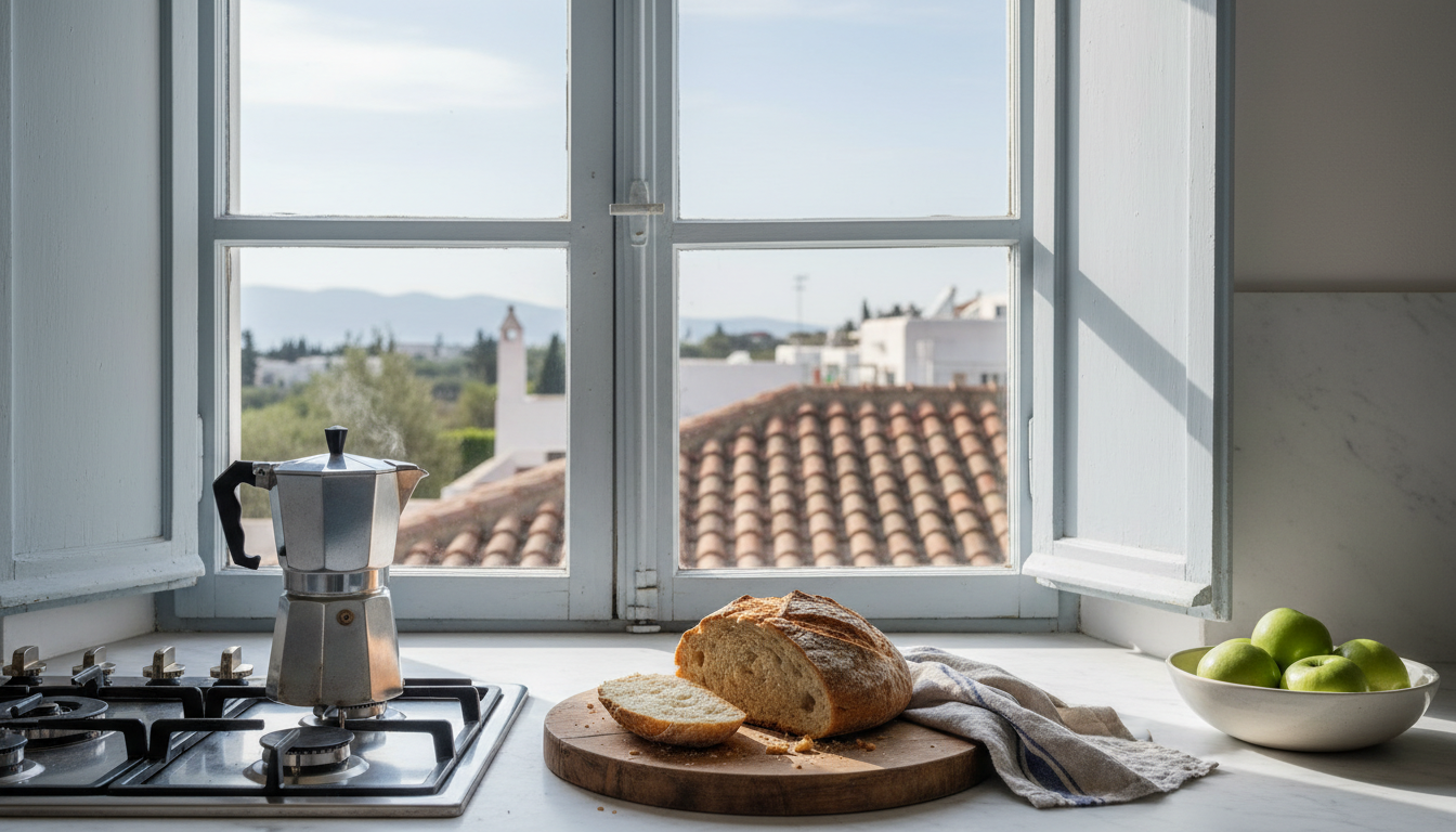 Morning light streaming into a Greek kitchen with a moka pot on the stove, fresh bread on a wooden c
