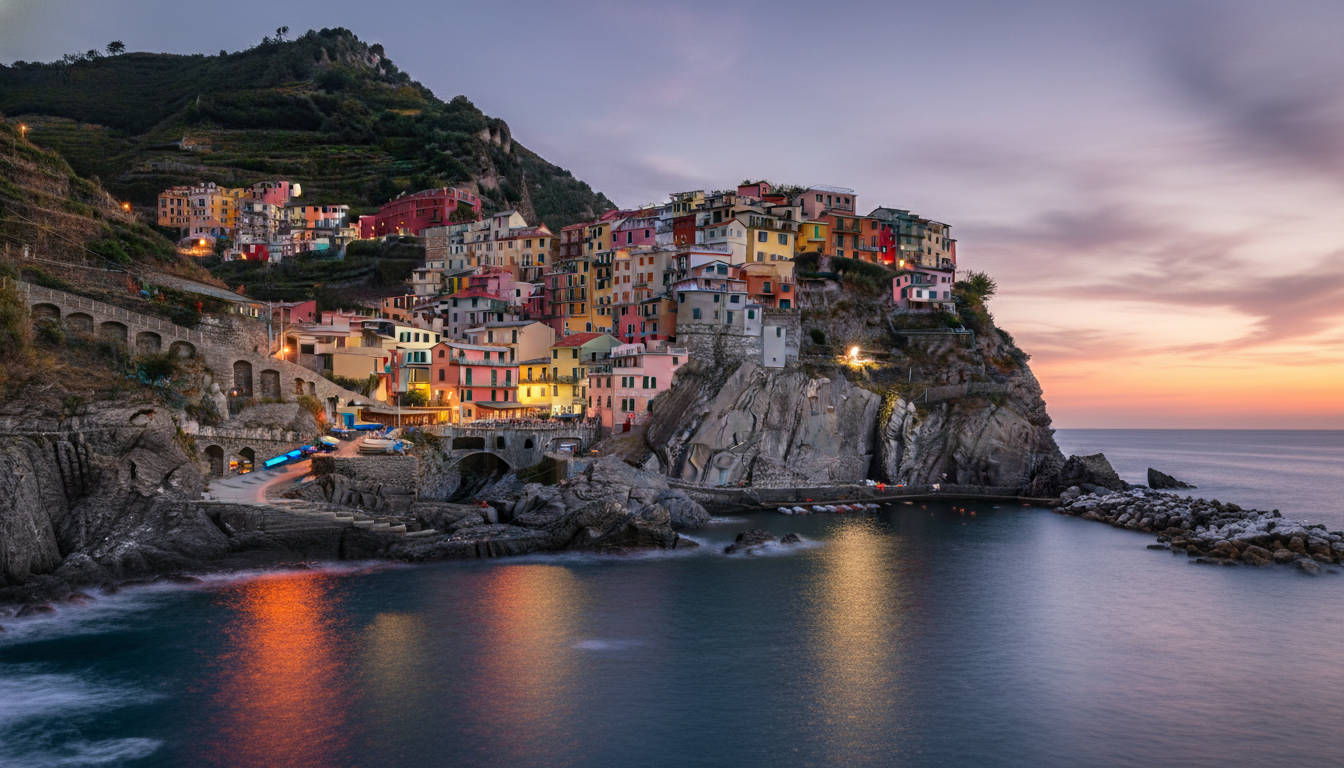 Twilight view of Manarolas colorful houses stacked on cliffs, warm lights glowing from windows, Medi