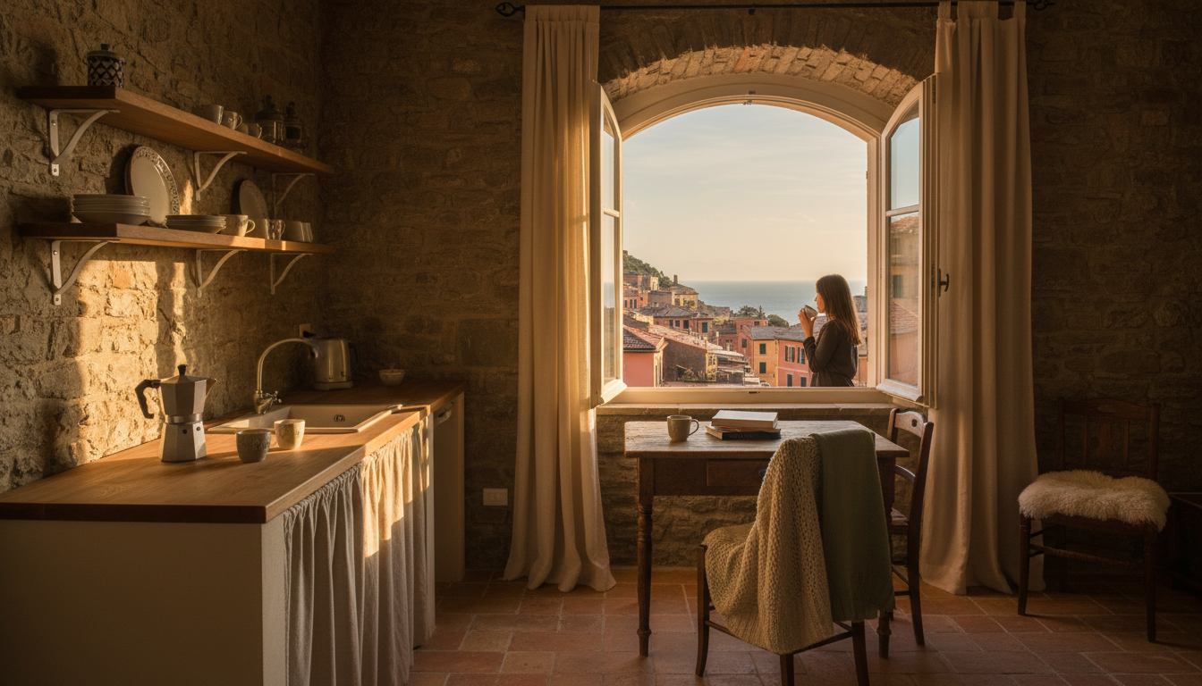 Cozy Italian apartment interior with exposed stone walls, a small kitchen with espresso maker, windo