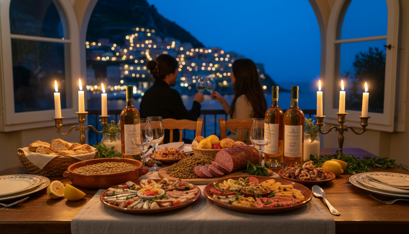 Traditional Italian New Years Eve dinner table with cotechino, lentils, seafood antipasti, and bottl