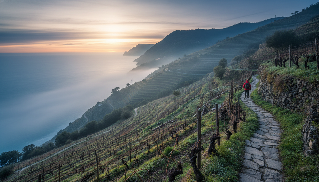 Misty winter morning on a Cinque Terre hiking trail, terraced vineyards dropping toward the sea, a l