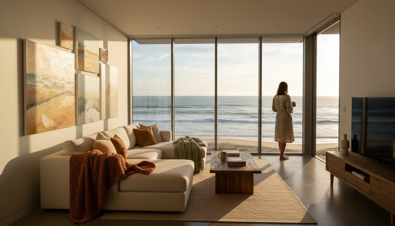 Modern open-plan apartment interior with floor-to-ceiling windows showing ocean views, comfortable l