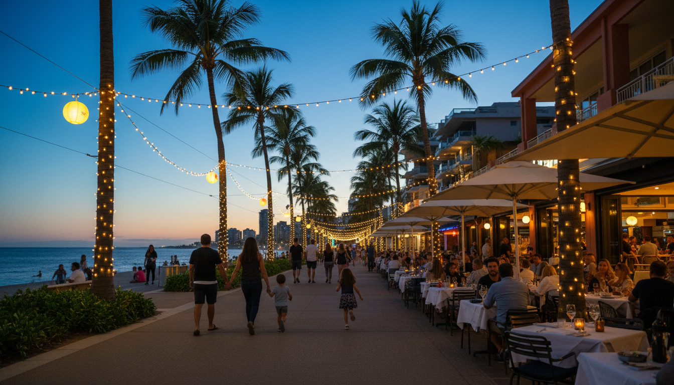 Broadbeach esplanade at dusk, fairy lights strung between palm trees, families walking along the bea