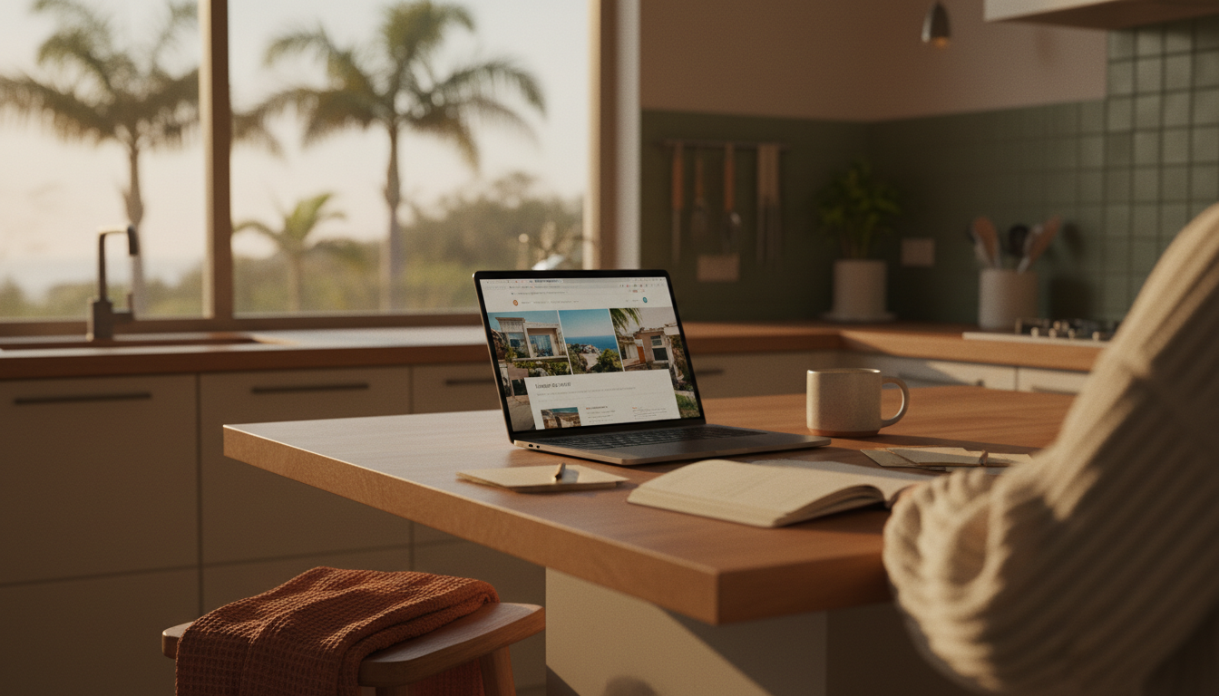 Laptop open on a sunny kitchen counter showing a home swap website, coffee cup beside it, glimpse of