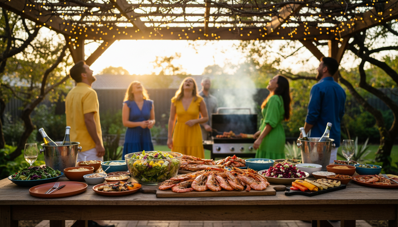 Australian backyard BBQ setup with fairy lights, a table full of fresh prawns and salads, people lau