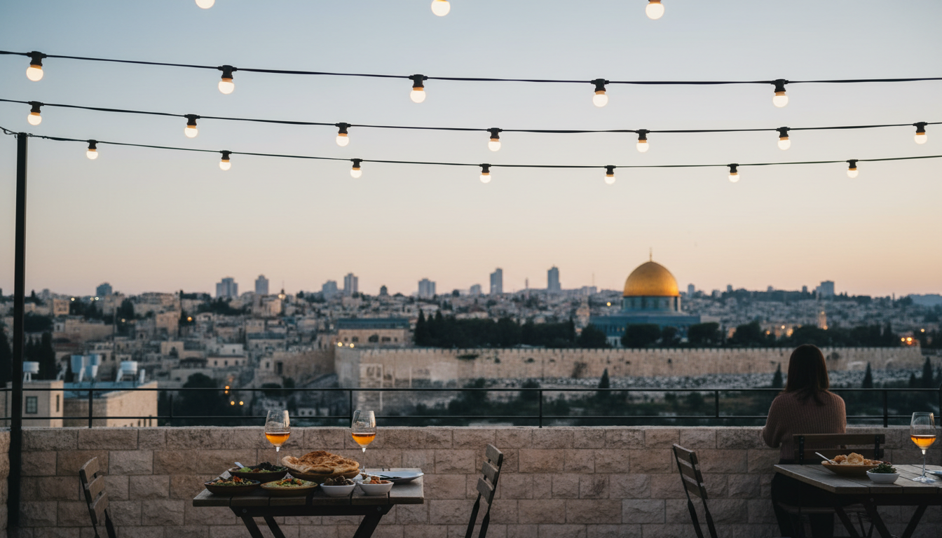 View from a Jerusalem rooftop terrace at dusk, Old City walls and Dome of the Rock visible in the di