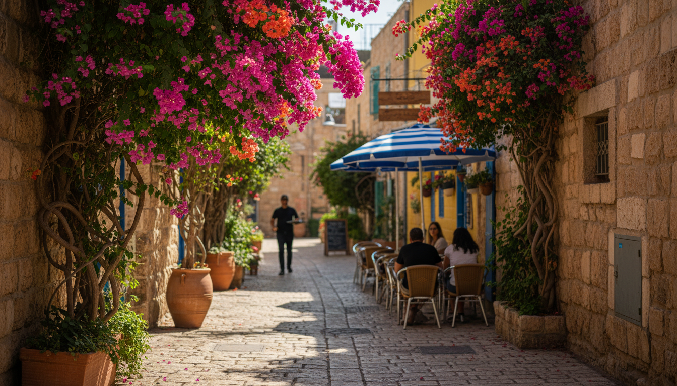 Narrow stone alleyway in Jerusalems German Colony neighborhood, bougainvillea climbing old walls, mo