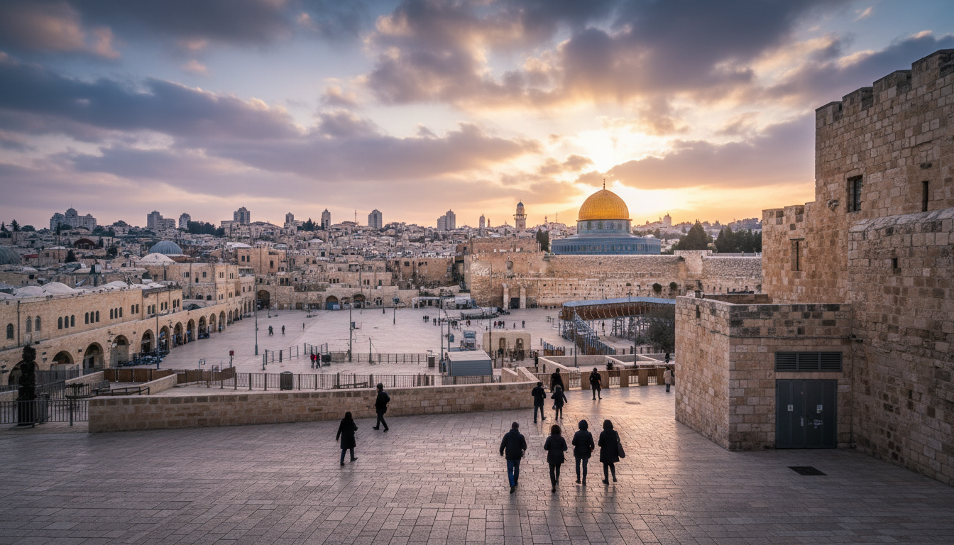 Sunrise over Jerusalems Old City, golden light on ancient stone walls, a few early morning visitors