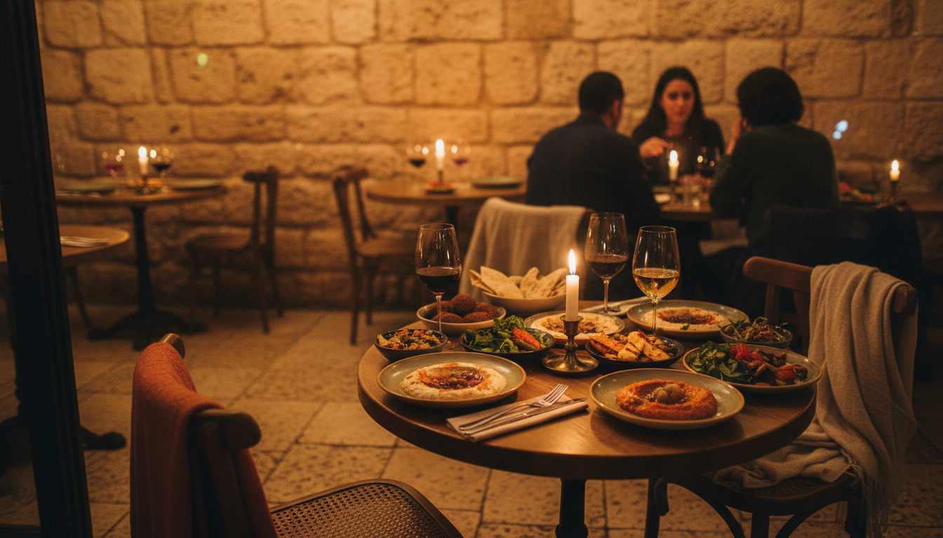 Interior of a Jerusalem restaurant with exposed stone walls, candlelit tables, plates of colorful Mi
