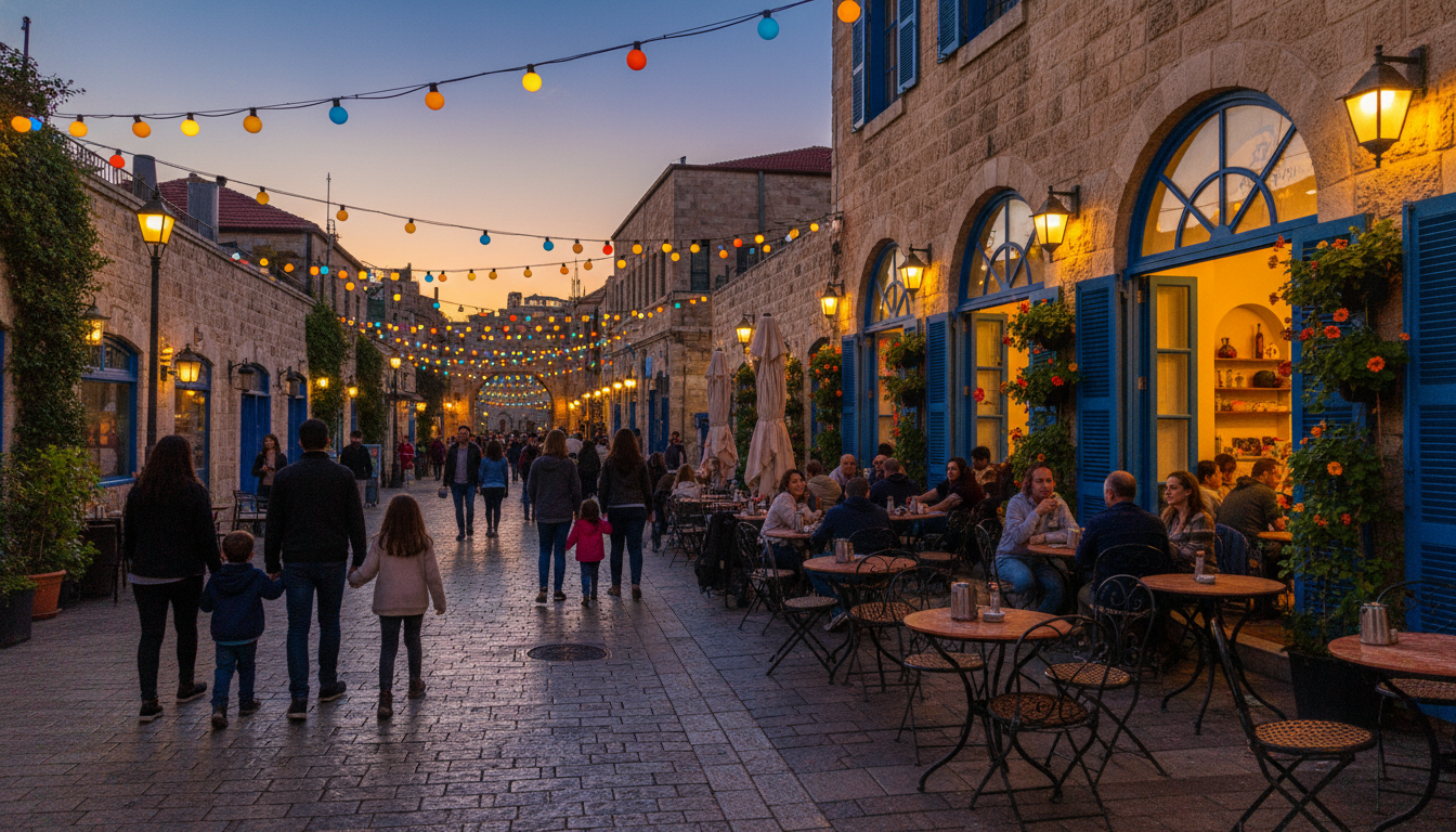 Jerusalem street scene in the German Colony, families walking, outdoor caf seating, holiday lights s