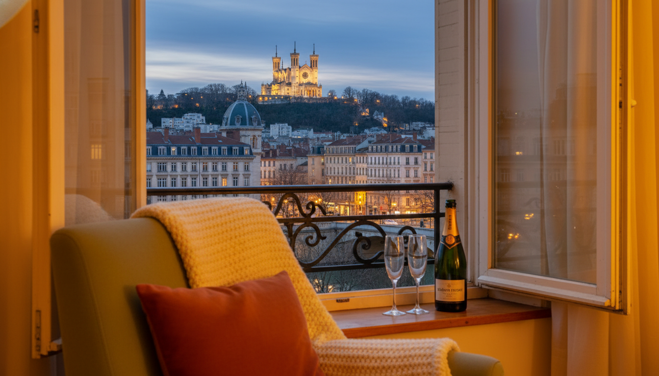 View from a traditional Lyon apartment window at dusk on New Years Eve, warm interior lights glowing