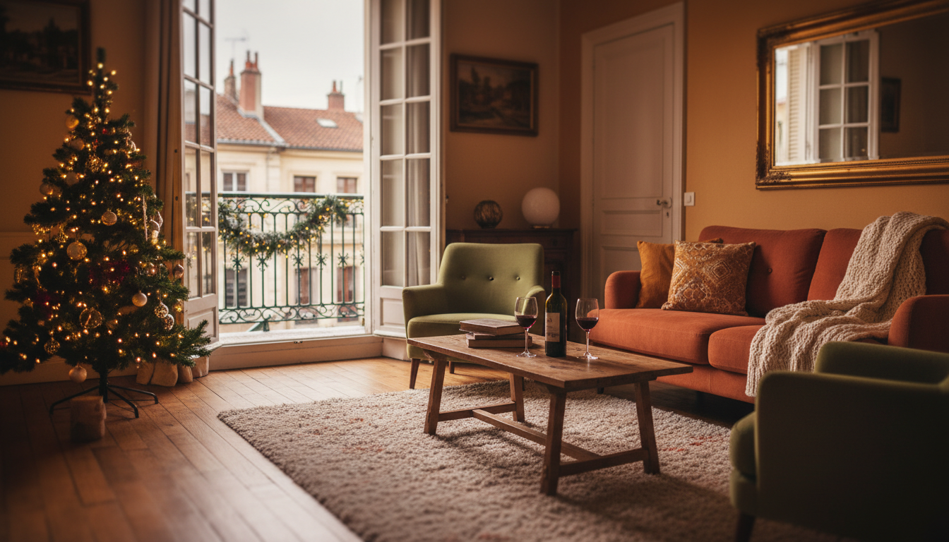 Cozy Lyon apartment interior decorated for the holidays, a small Christmas tree in the corner, Frenc