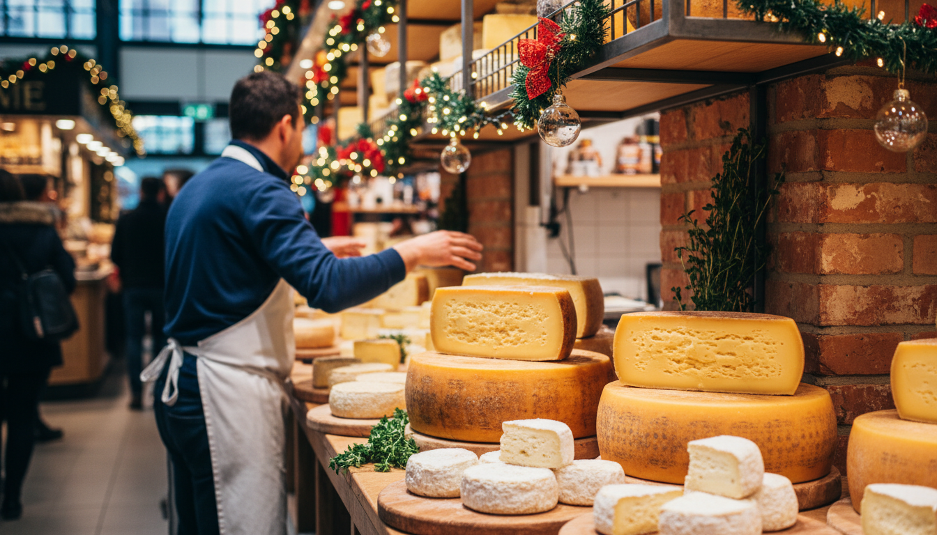 Close-up of a cheese counter at Les Halles de Lyon Paul Bocuse, wheels of Saint-Marcellin and Beaufo