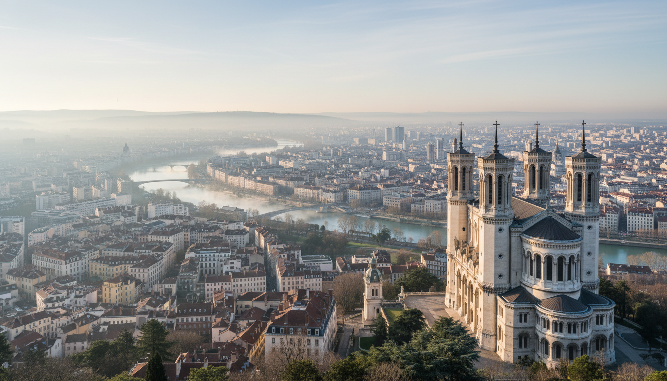 View from Fourvire hill on a crisp winter morning, the Basilica in the foreground, Lyons rooftops an