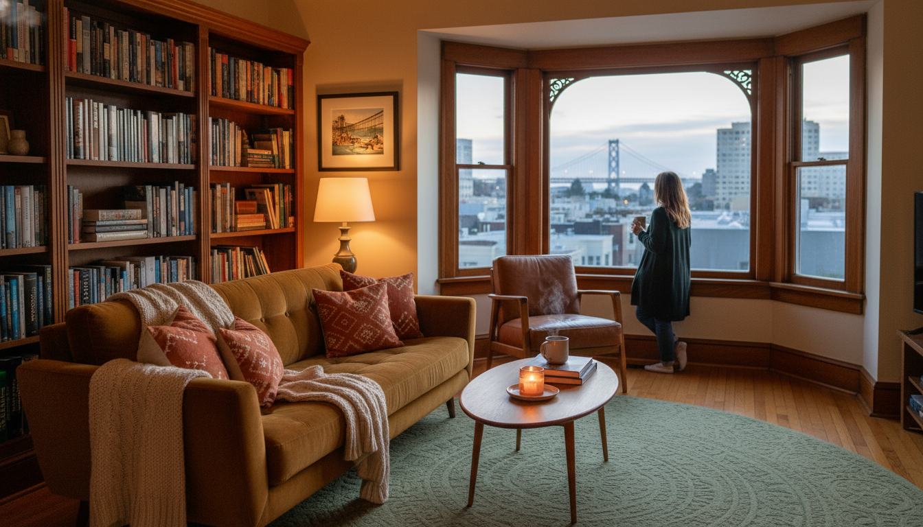 Cozy living room in a Victorian San Francisco home, bay windows with city views, comfortable couch w