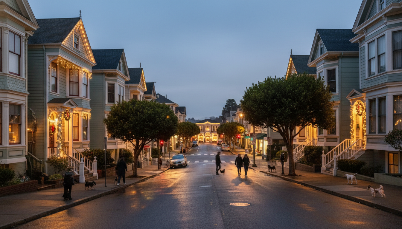 Charming Noe Valley street at twilight, Victorian homes with holiday lights, neighbors walking dogs,