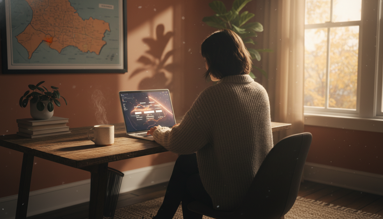 Person browsing home swap listings on a laptop, cozy home office setting, cup of coffee nearby, San