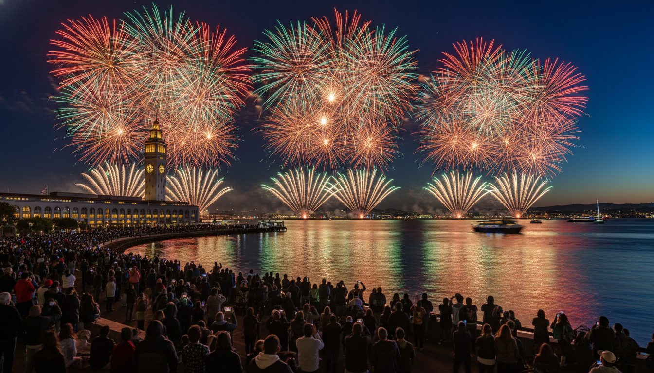 Fireworks exploding over San Francisco Bay at midnight, Ferry Building clock tower illuminated, crow