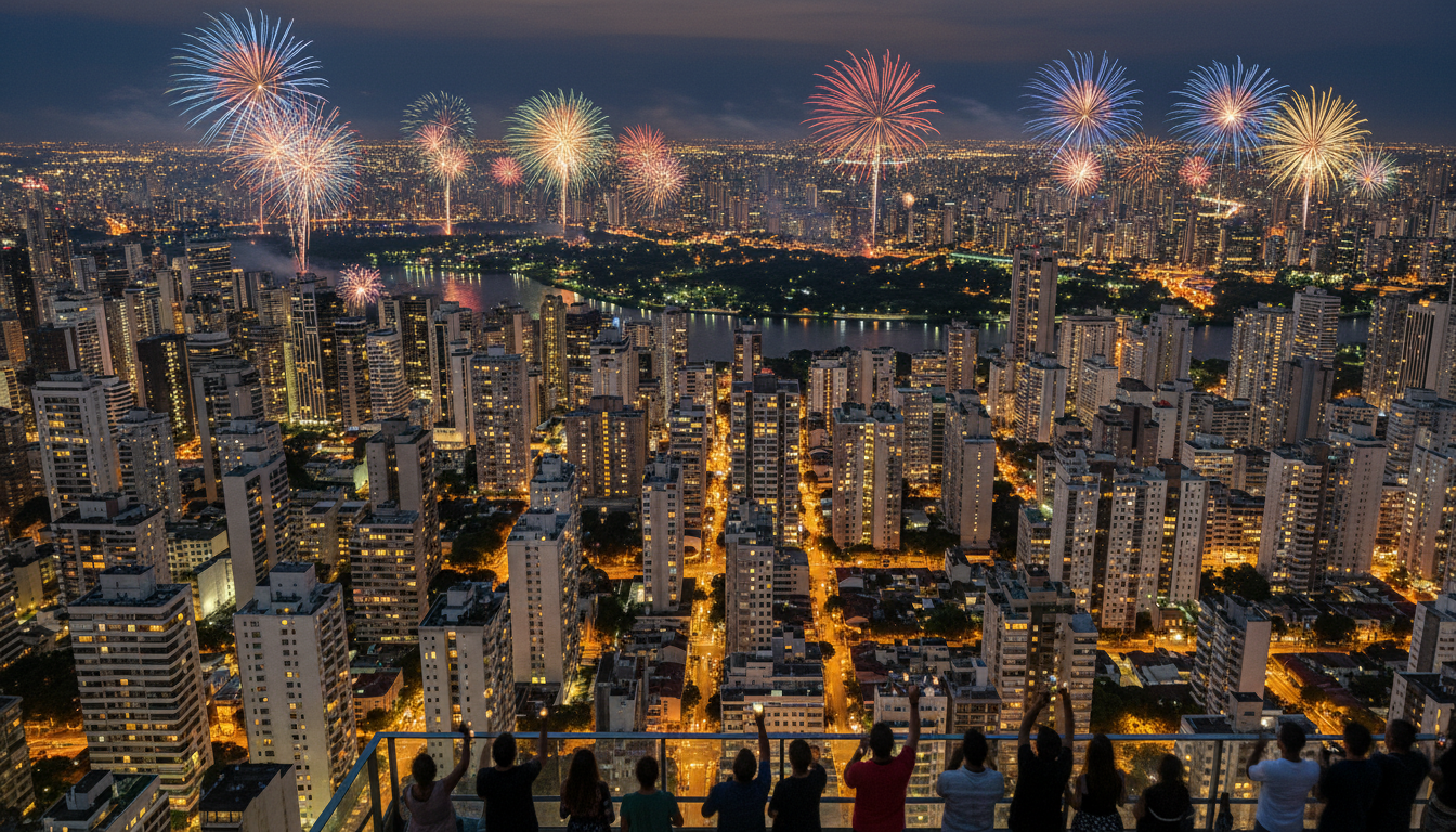 Aerial view of So Paulos skyline at dusk on New Years Eve, with scattered fireworks beginning to lig