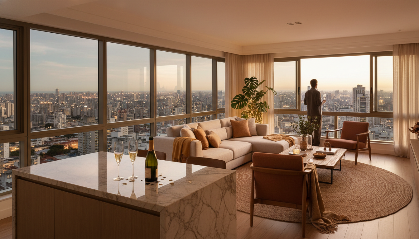 Elegant apartment interior in Jardins neighborhood with modern Brazilian design, large windows showi