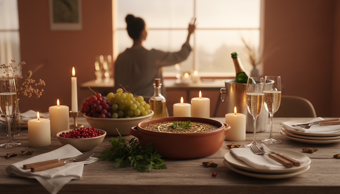 Brazilian New Years Eve table spread with lentil stew, grapes, pomegranate, champagne glasses, all o