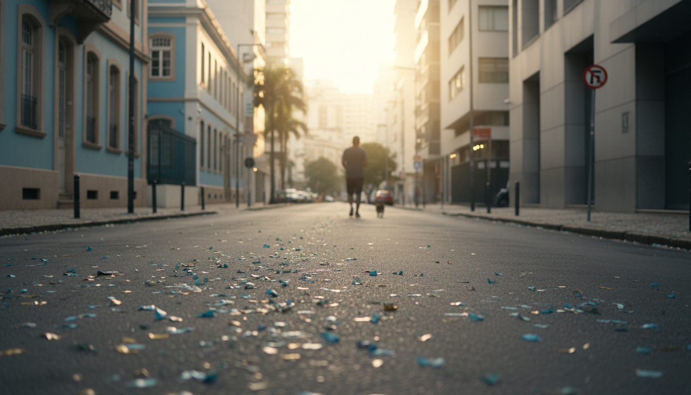 Empty So Paulo street on January 1st morning, golden light, a few scattered confetti remnants on the